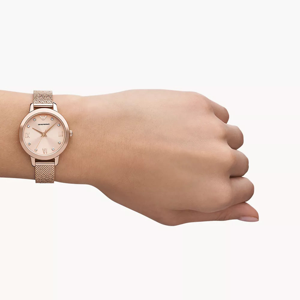 Emporio Armani Three-Hand Rose Gold-Tone Stainless Steel Mesh Watch
