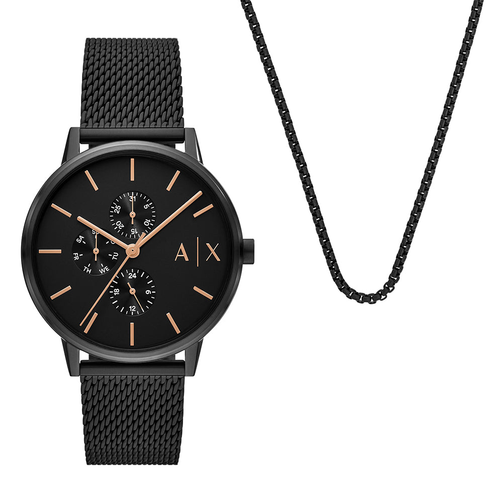 Armani Exchange Multifunction Black Stainless Steel Watch and Necklace Set