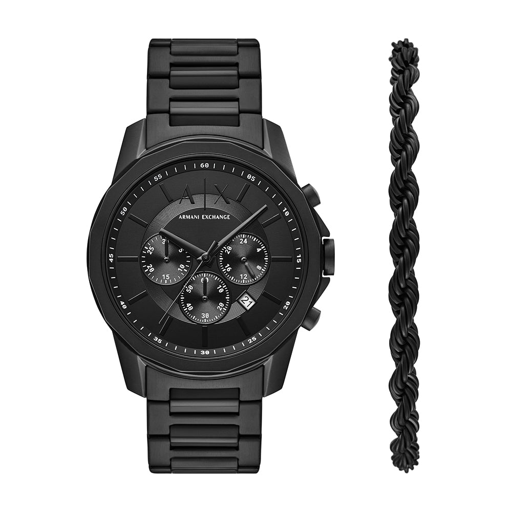 Armani Exchange Chronograph Black Stainless Steel Watch and Bracelet Set