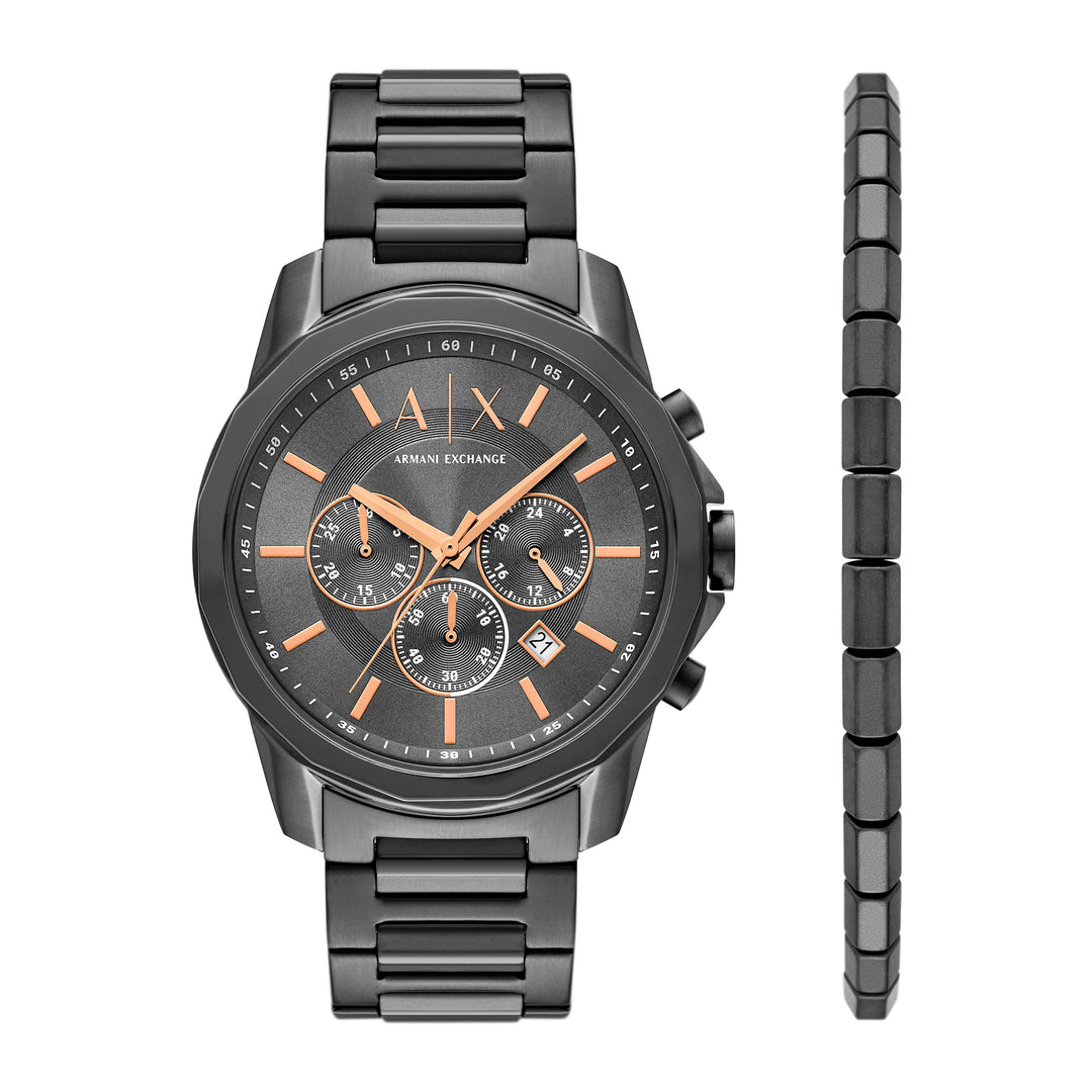 Armani Exchange Men's Chronograph Gunmetal Stainless Steel Watch and Bracelet Gift Set