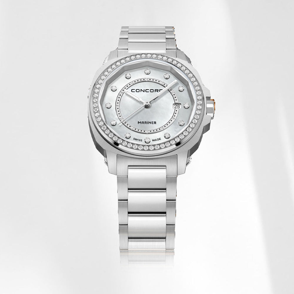 Concord Women's Silver Tone Case White Mop Dial Dia Bezel Quartz Watch