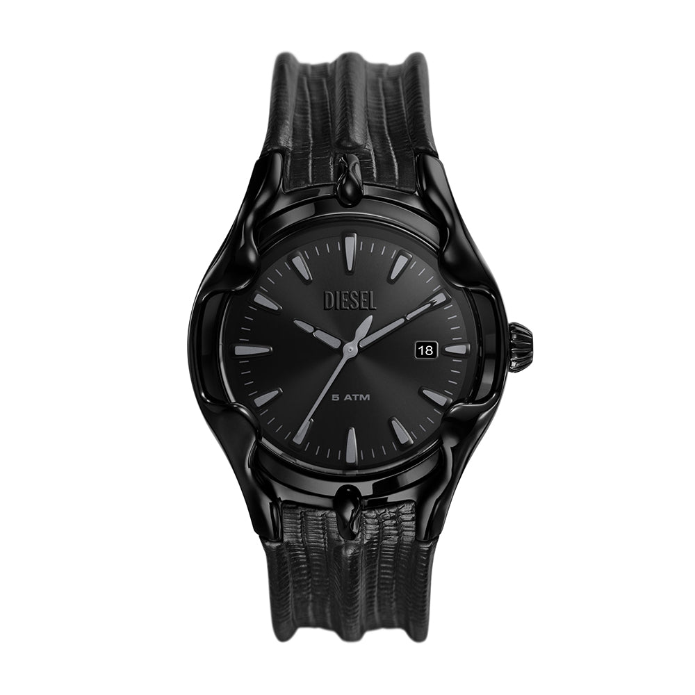 Diesel Vert Three-Hand Date Black Leather Watch