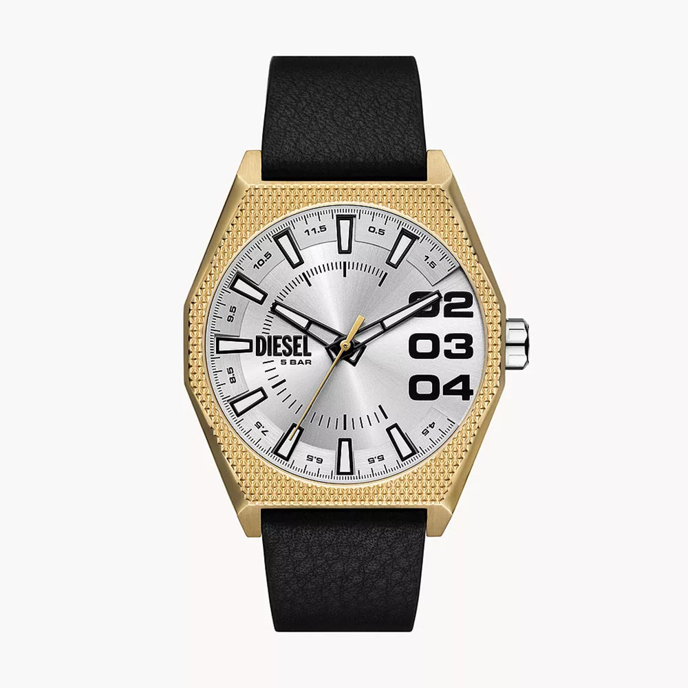 Diesel Scraper Three-Hand Black Leather Watch