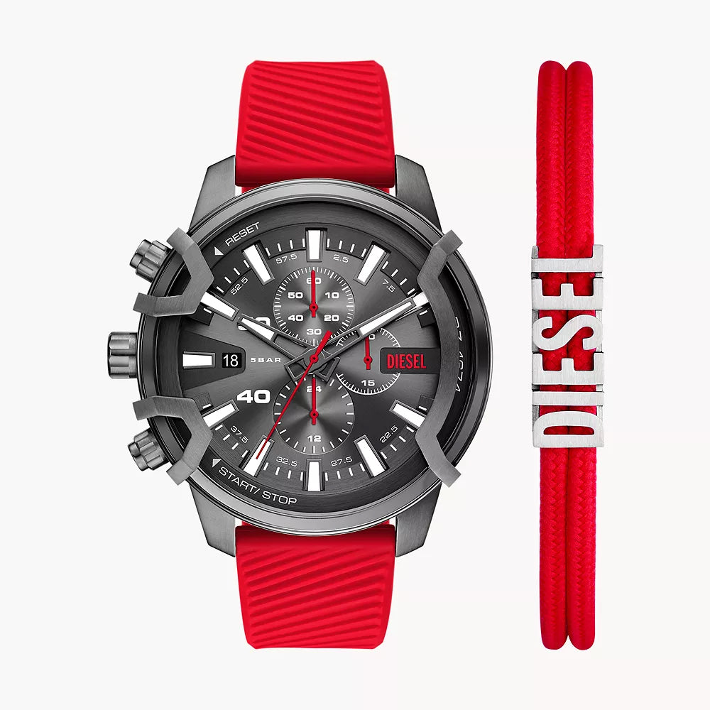 Diesel Griffed Chronograph Red Silicone Watch and Nylon Bracelet Set