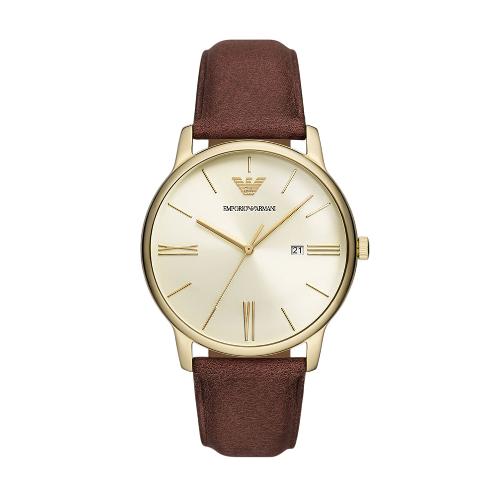Emporio Armani Three-Hand Date Brown Leather Watch
