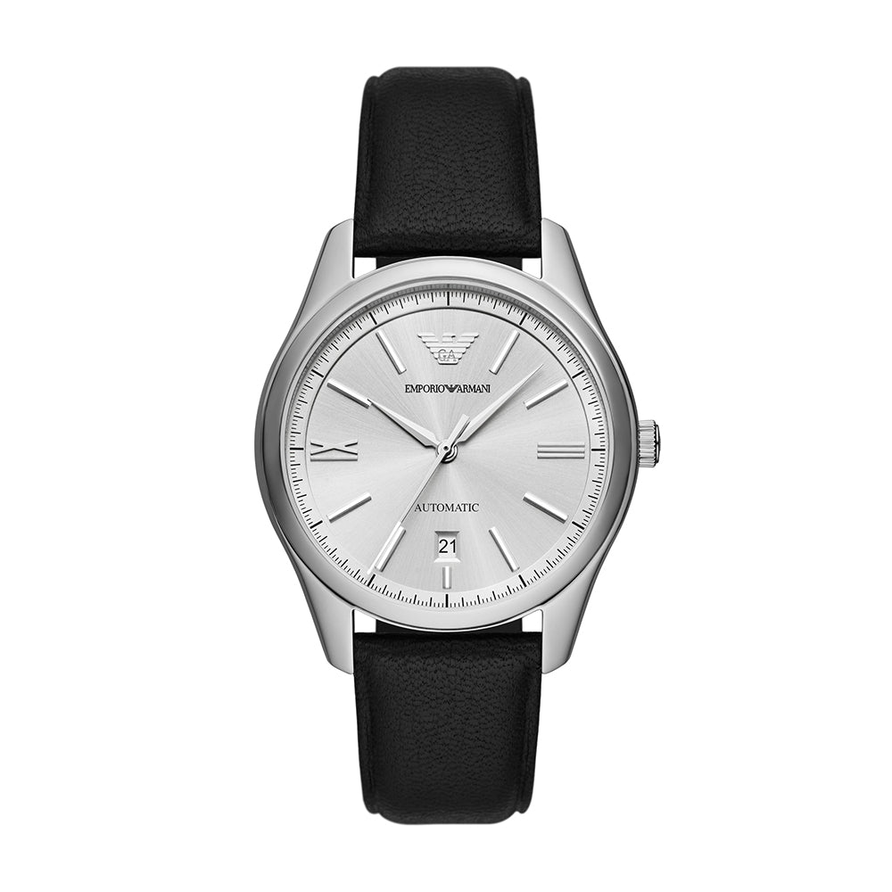 Emporio Armani Automatic Three-Hand Date Black Leather Watch