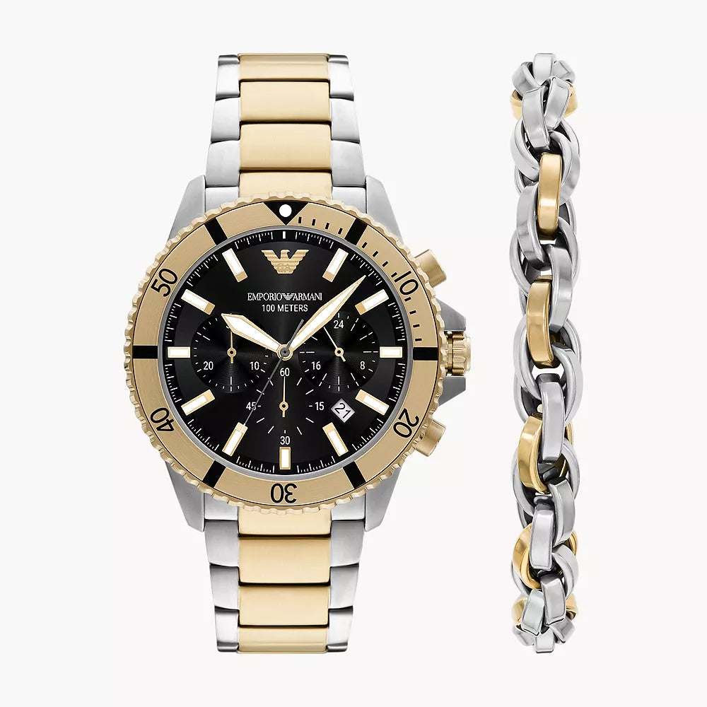 Emporio Armani World Explorer Chronograph Two-Tone Stainless Steel Watch and Bracelet Set