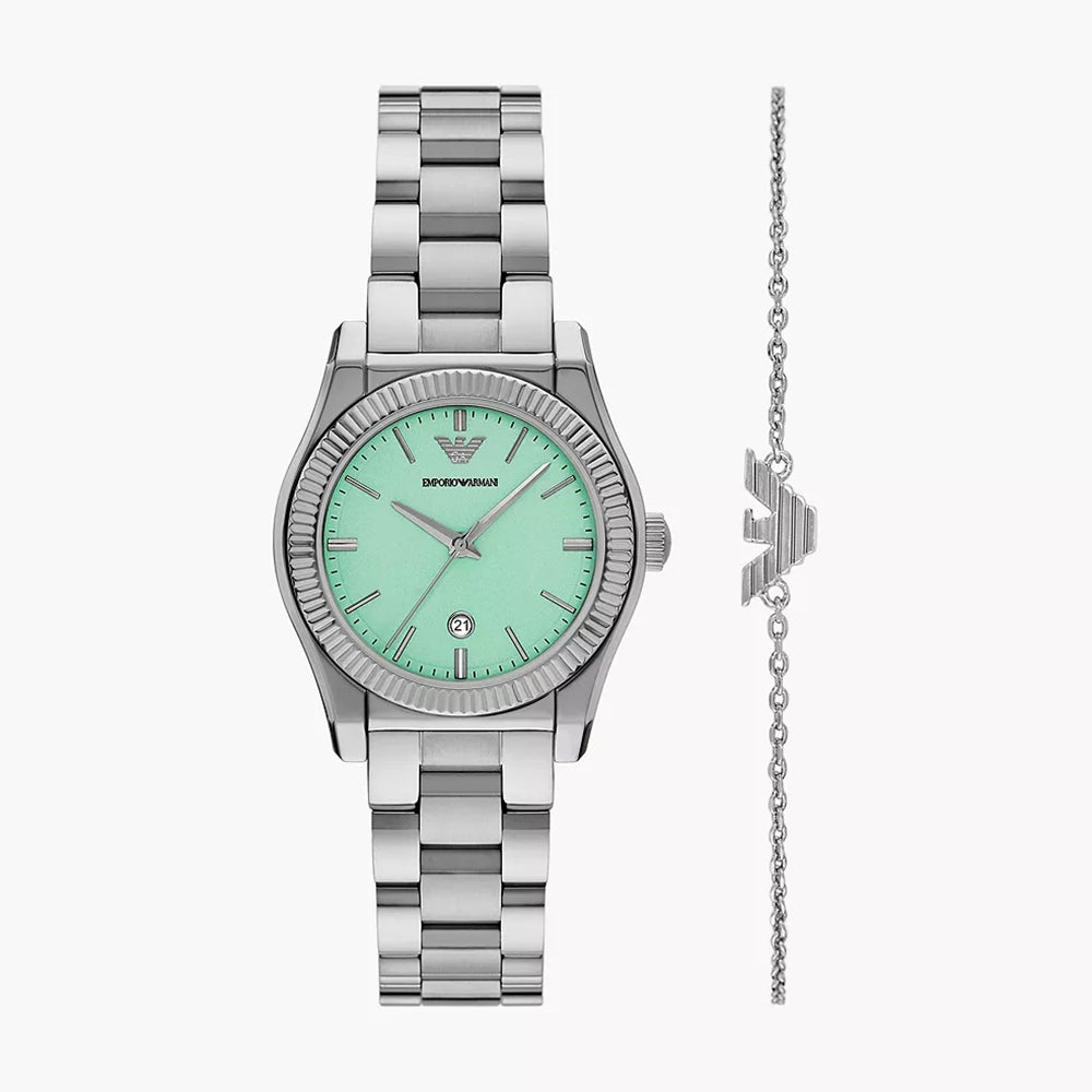Emporio Armani Three-Hand Date Stainless Steel Watch and Bracelet Set