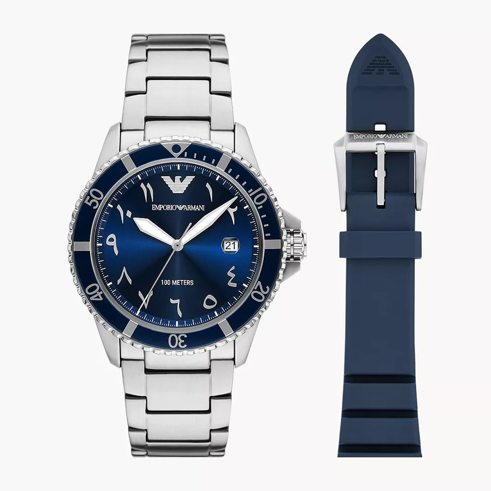 Emporio Armani World Explorer Three-Hand Date Stainless Steel Watch and Blue Silicone Strap Set