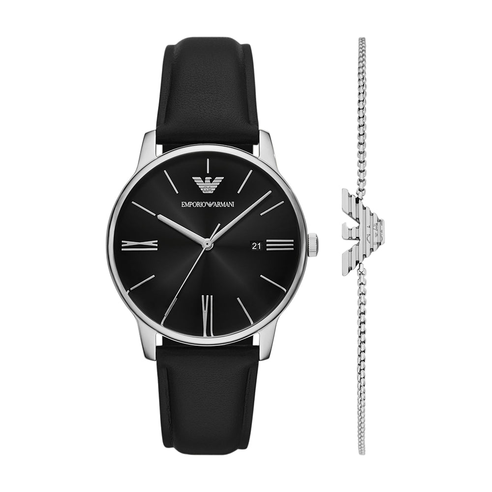 Emporio Armani Three-Hand Date Black Leather Watch and Bracelet Set