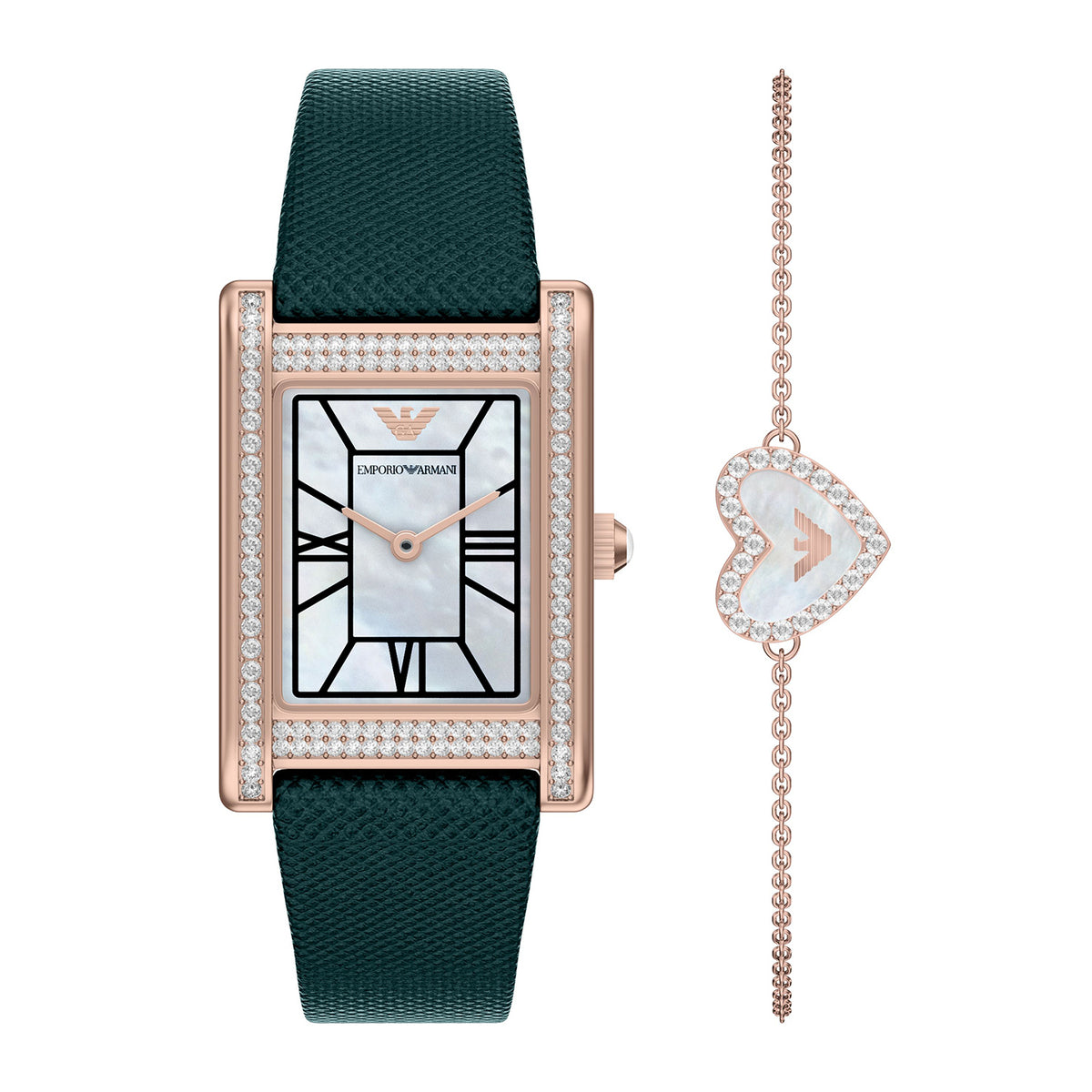 Emporio Armani Women's Two-Hand Green Leather Watch and Rose-Gold Tone Bracelet Set