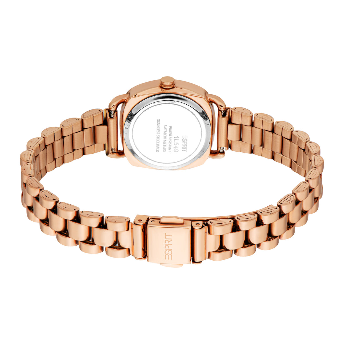 ساعة نسائية من إسبريت، هيكل بلون ذهبي وردي، ميناء فضي، سوار معدني بلون ذهبي وردي، 3 عقارب، مقاومة للماء حتى 3 ضغط جوي.