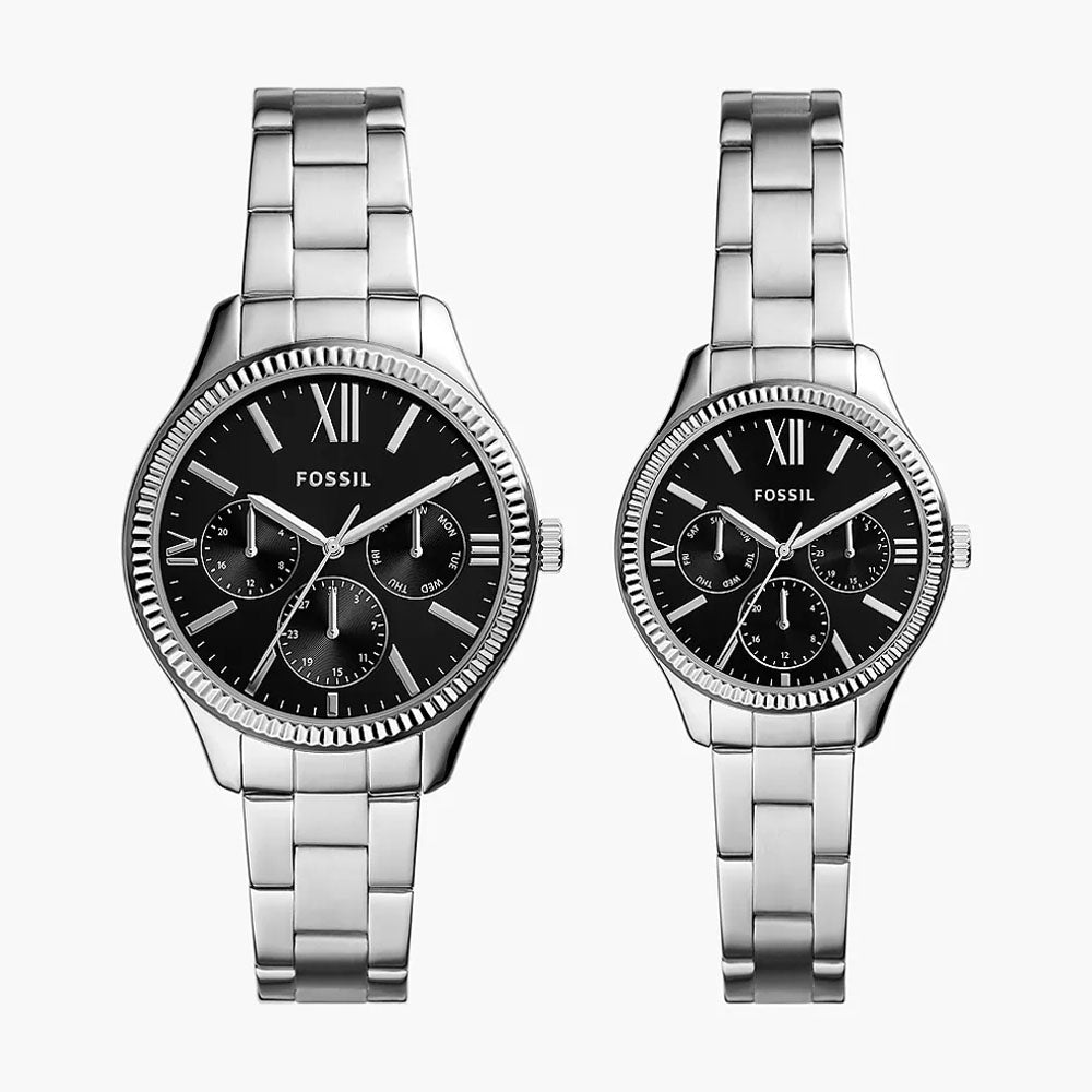 Fossil His and Her Couple Multifunction Stainless Steel Watch Set