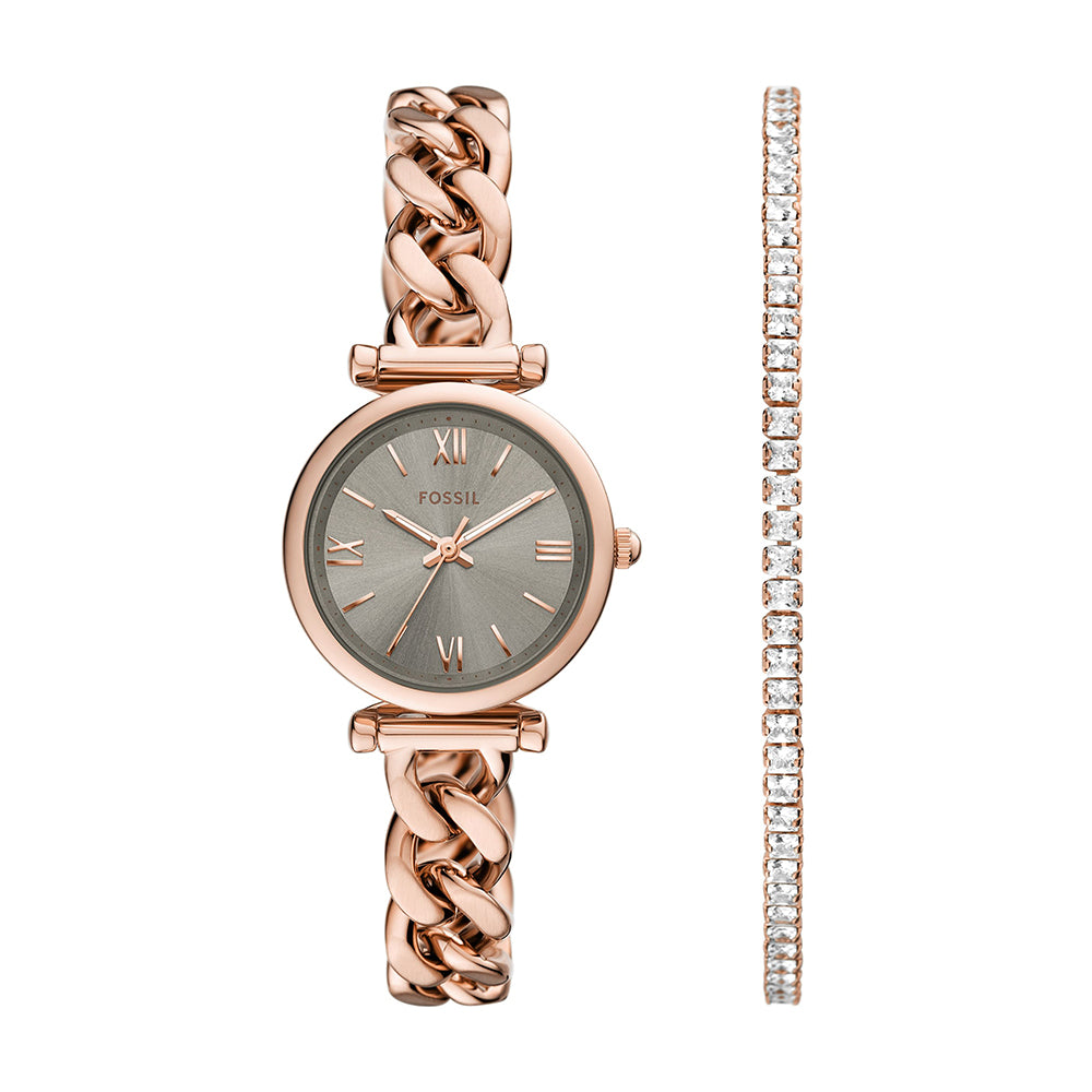 Fossil Women's Carlie Three-Hand Rose Gold-Tone Stainless Steel Watch and Bracelet Set