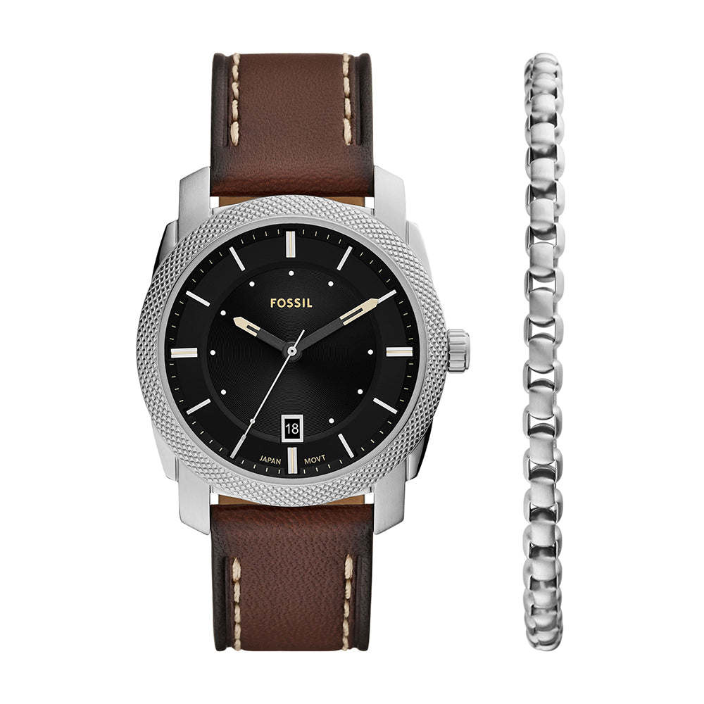 Fossil Machine Three-Hand Date Brown Leather Watch and Bracelet Set