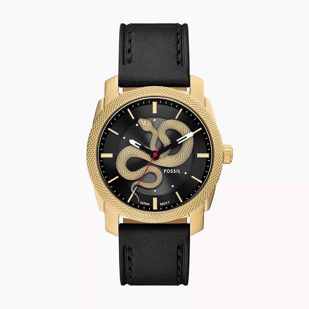 Fossil Machine Three-Hand Black Leather Watch