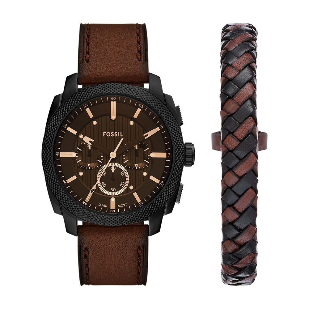 Fossil Machine Chronograph Brown Leather Watch and Bracelet Set