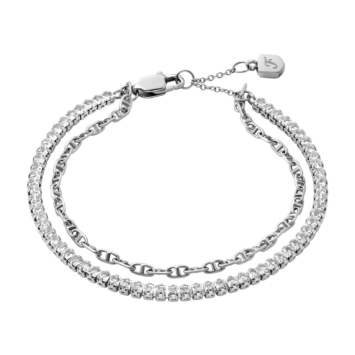 Fossil Women's Heritage D-Link Glitz Silver-Tone Brass Chain Tennis Bracelet