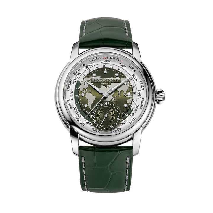 Frederique Constant Men's Silver Tone Case Green Dial Automatic Worldtimer Watch