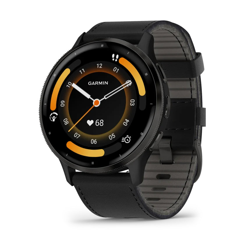 Garmin Venu 3 Slate Stainless Steel Bezel With Black Case And Leather Band Includes Black Silicone Band Full Color Display Watch