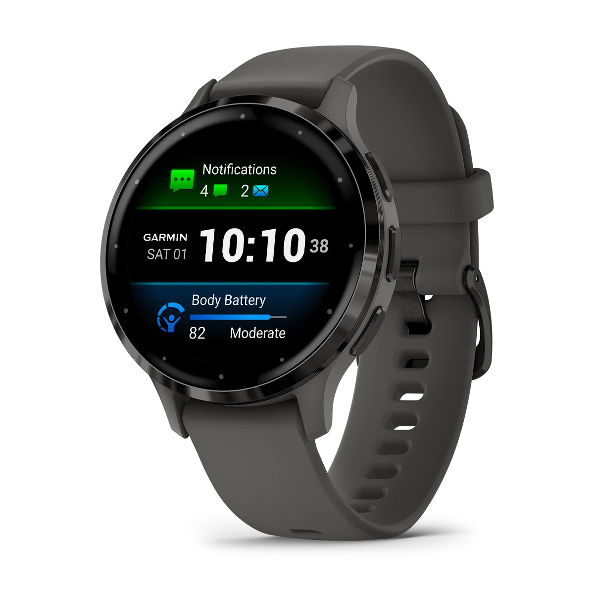 ساعة Garmin Venu 3S بإطار من الفستانلس ستيل باللون السليت مع هيكل باللون الرمادي الفاتح وسوار من السيليكون وشاشة ملونة بالكامل