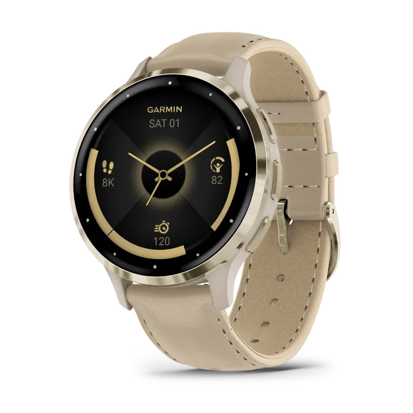 Garmin Venu 3S Soft Gold Stainless Steel Bezel With French Gray Case And Leather Band Includes French Gray Silicone Band Full Color Display Watch