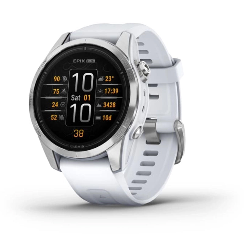 ساعة Garmin Epix Pro (الجيل الثاني) الإصدار القياسي 42 مم باللون الفضي مع سوار سيليكون باللون الأبيض الحجري