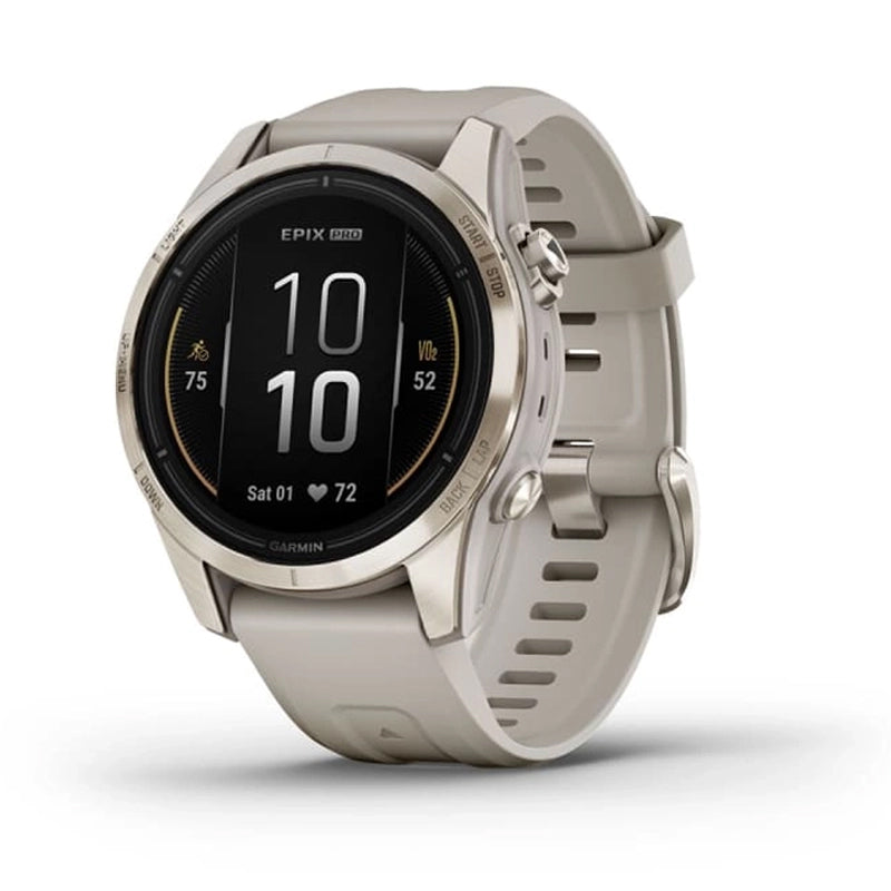 ساعة Garmin Epix Pro (الجيل الثاني) إصدار Sapphire مقاس 42 مم باللون الذهبي الناعم مع سوار سيليكون باللون الرملي الفاتح