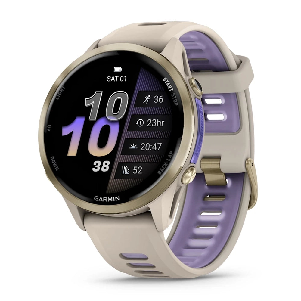 Garmin Forerunner 970 - Soft Gold Titanium With French Gray Case And French Gray Translucent Indigo Band