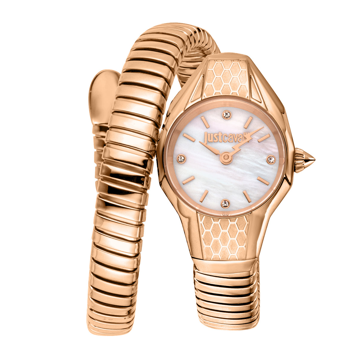 ساعة نسائية من جست كافالي بميناء من عرق اللؤلؤ الأبيض وتصميم على شكل ثعبان