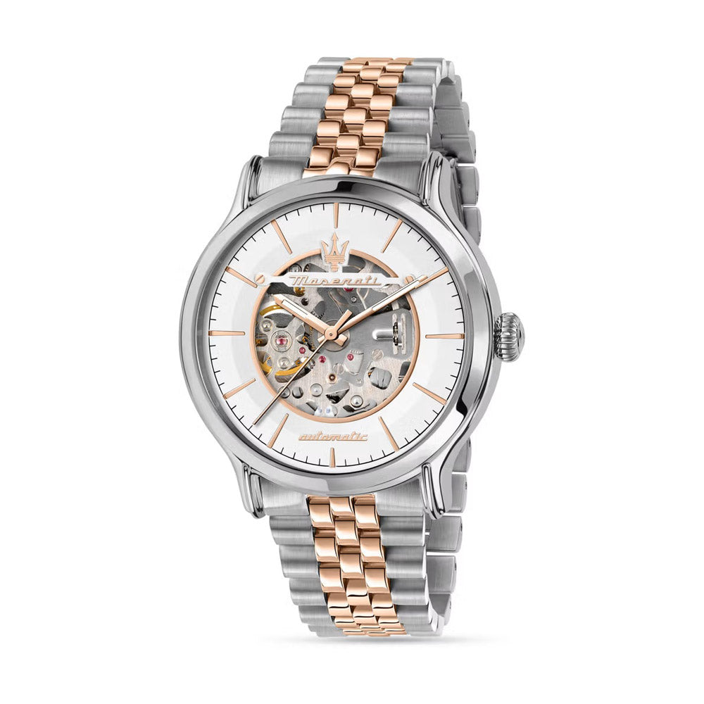 MASERATI EPOCA 42MM AUTO W/SILVER DIAL BR SS+RG