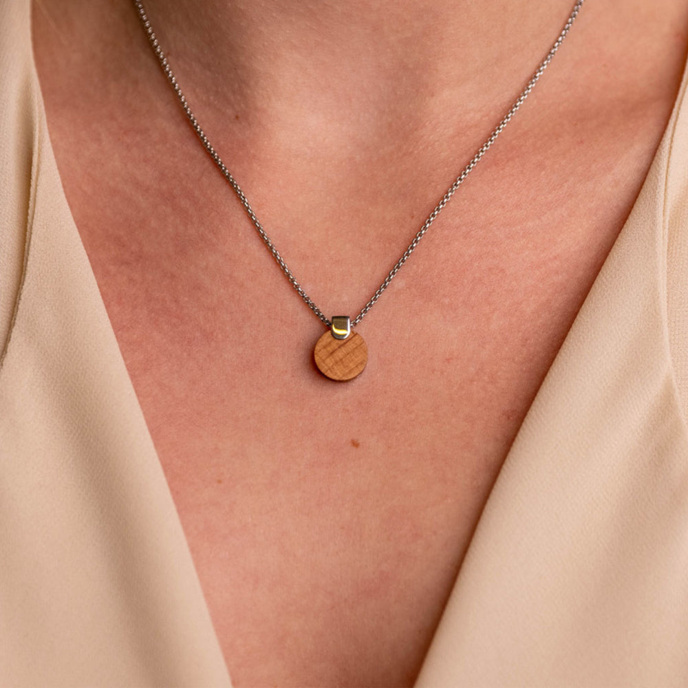 Woodwatch Women's Necklace in Circular Cherry Pendant and Silver