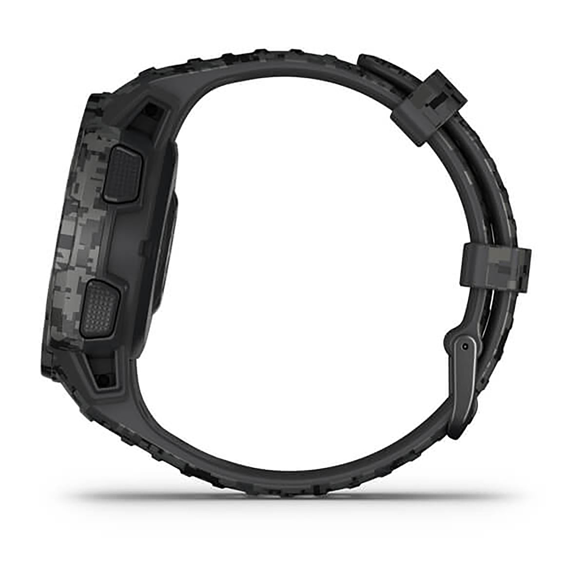 ساعة Garmin Instinct Solar ذات الإصدار المموه (Camo Edition)، مزودة بحزام سيليكون رمادي مموه وشاشة ملونة بالكامل.