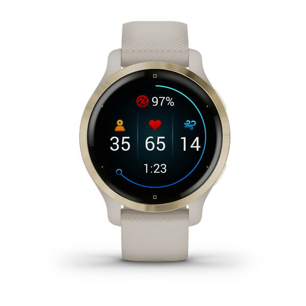 ساعة Garmin Venu 2S بسوار سيليكون باللون الرملي الفاتح وشاشة ملونة بالكامل