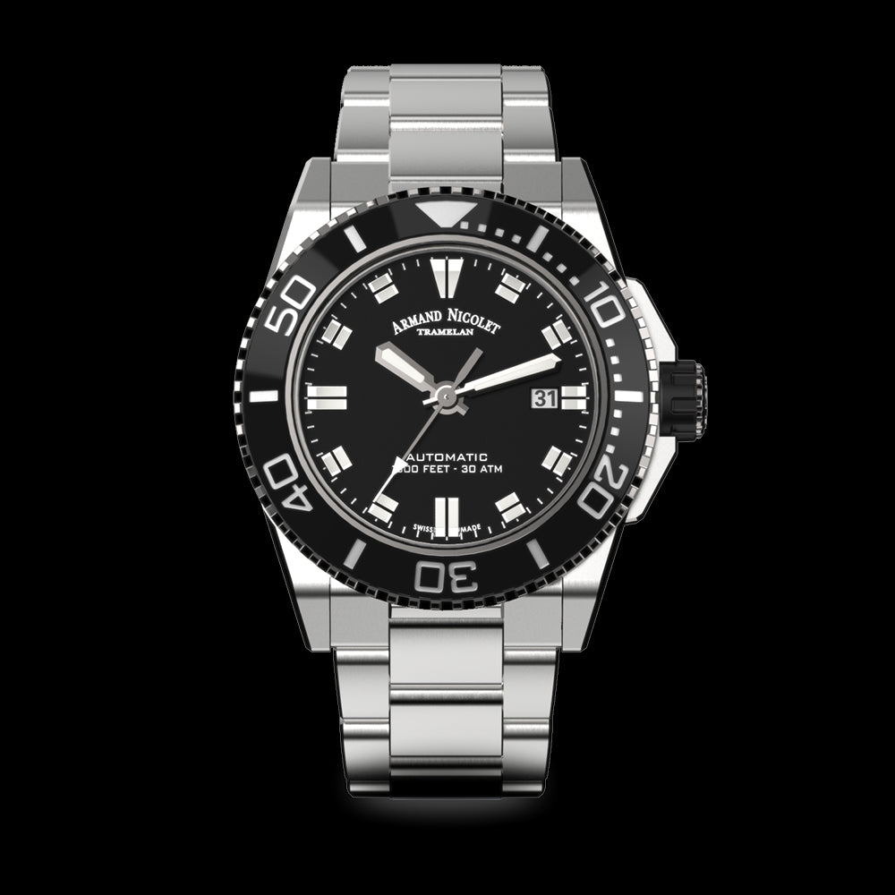 ARMAND NICOLET JS9-44 MEN'S AUTOMATIC STEEL BRACELET BLACK DIAL WATCH