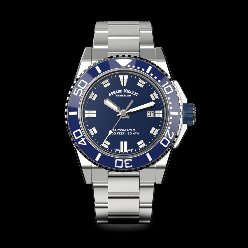 ARMAND NICOLET JS9-44 MEN'S AUTOMATIC STEEL BRACELET BLUE DIAL WATCH