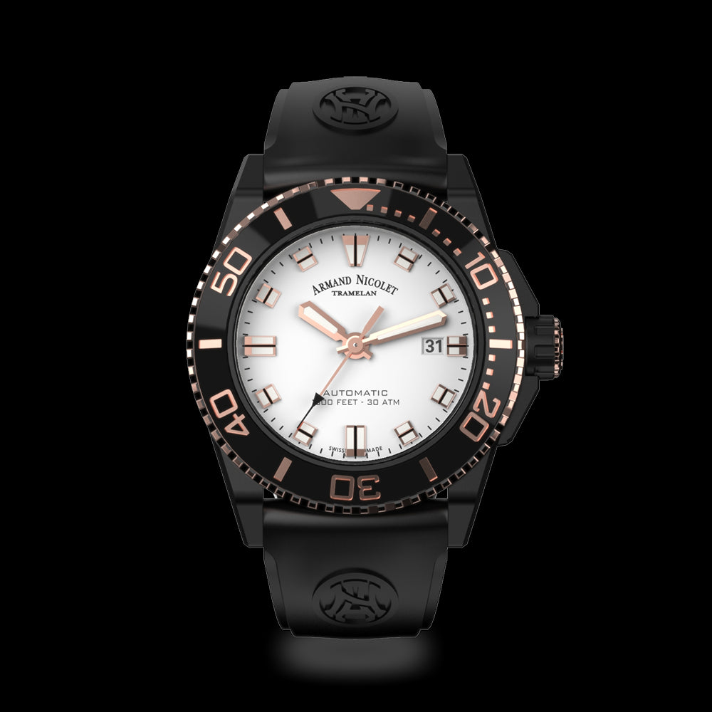 ARMAND NICOLET JS9-44 MEN'S AUTOMATIC BLACK STRAP SILVER DIAL WATCH
