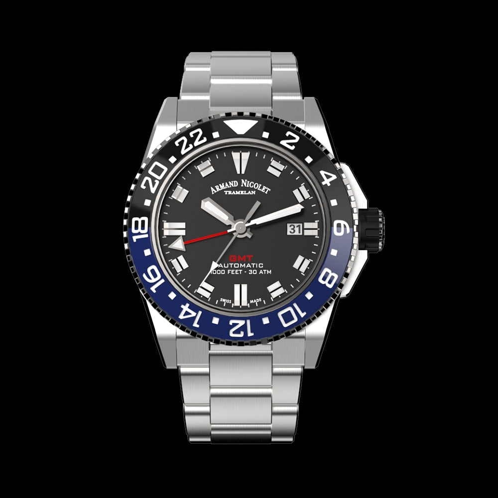 ARMAND NICOLET JS9-44 MEN'S AUTOMATIC STEEL BRACELET BLACK DIAL WATCH