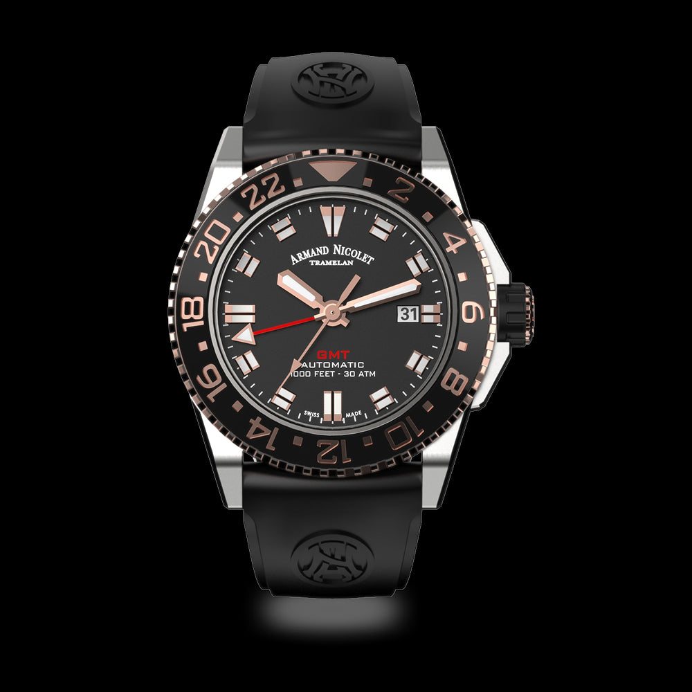 ARMAND NICOLET JS9-44 MEN'S AUTOMATIC BLACK STRAP BLACK DIAL WATCH