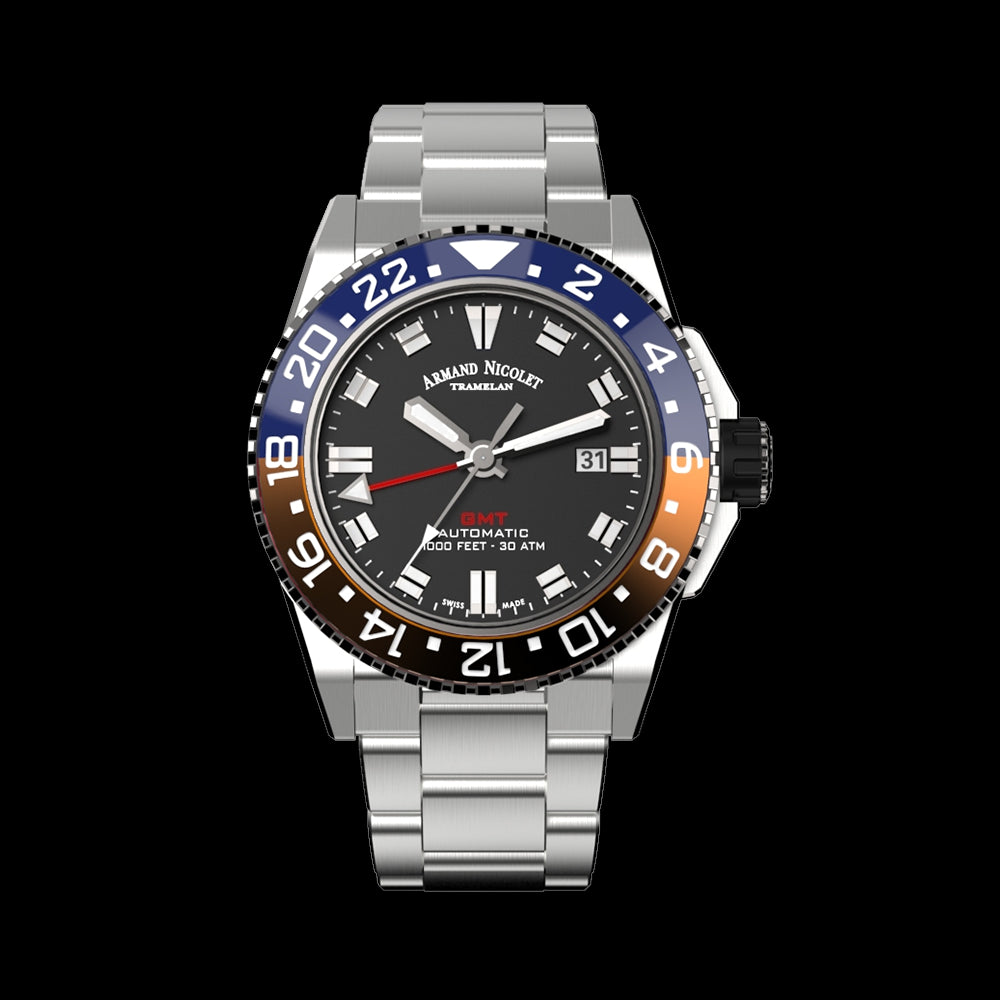 ARMAND NICOLET JS9-44 MEN'S AUTOMATIC STEEL BRACELET BLACK DIAL WATCH