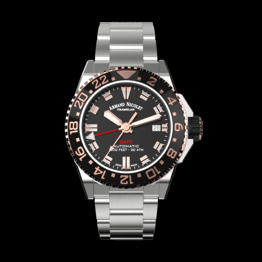 ARMAND NICOLET JS9-41 MEN'S AUTOMATIC STEEL BRACELET BLACK DIAL WATCH