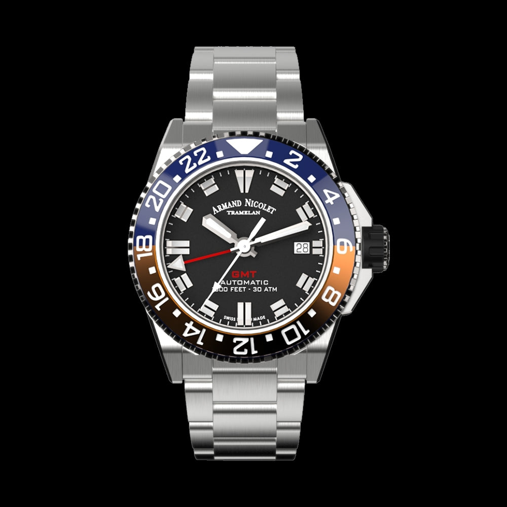 ARMAND NICOLET JS9-41 MEN'S AUTOMATIC STEEL BRACELET BLACK DIAL WATCH