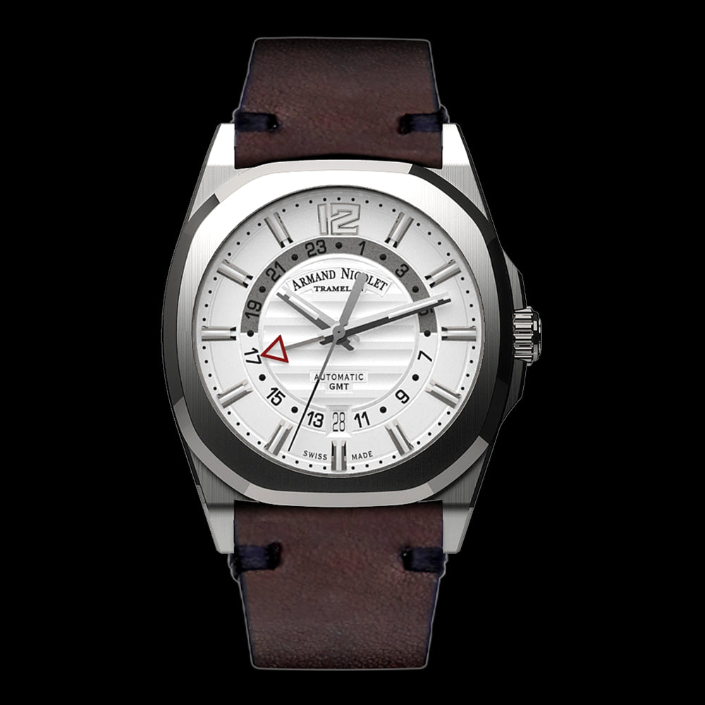 ARMAND NICOLET J09-3 MEN'S AUTOMATIC BROWN STRAP SILVER DIAL WATCH