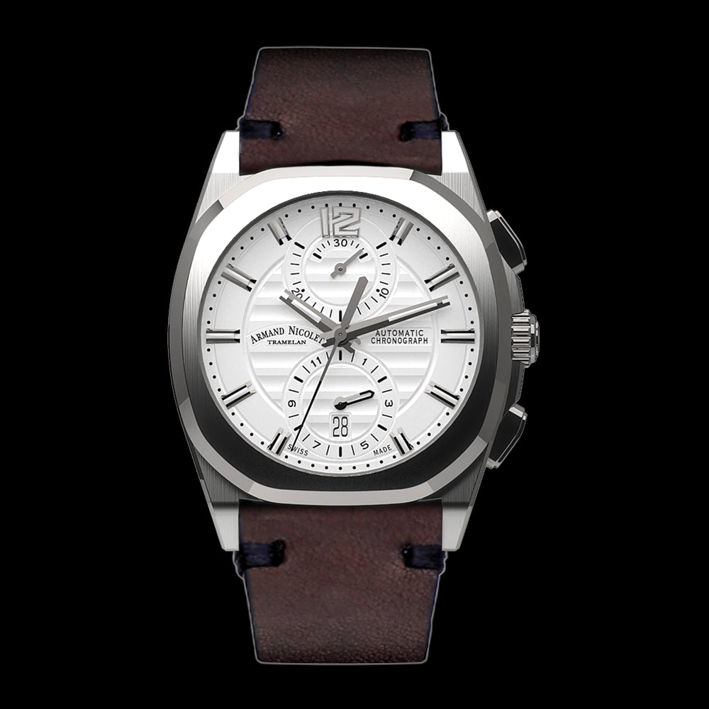 ARMAND NICOLET J09-3 MEN'S AUTOMATIC BROWN STRAP SILVER DIAL WATCH