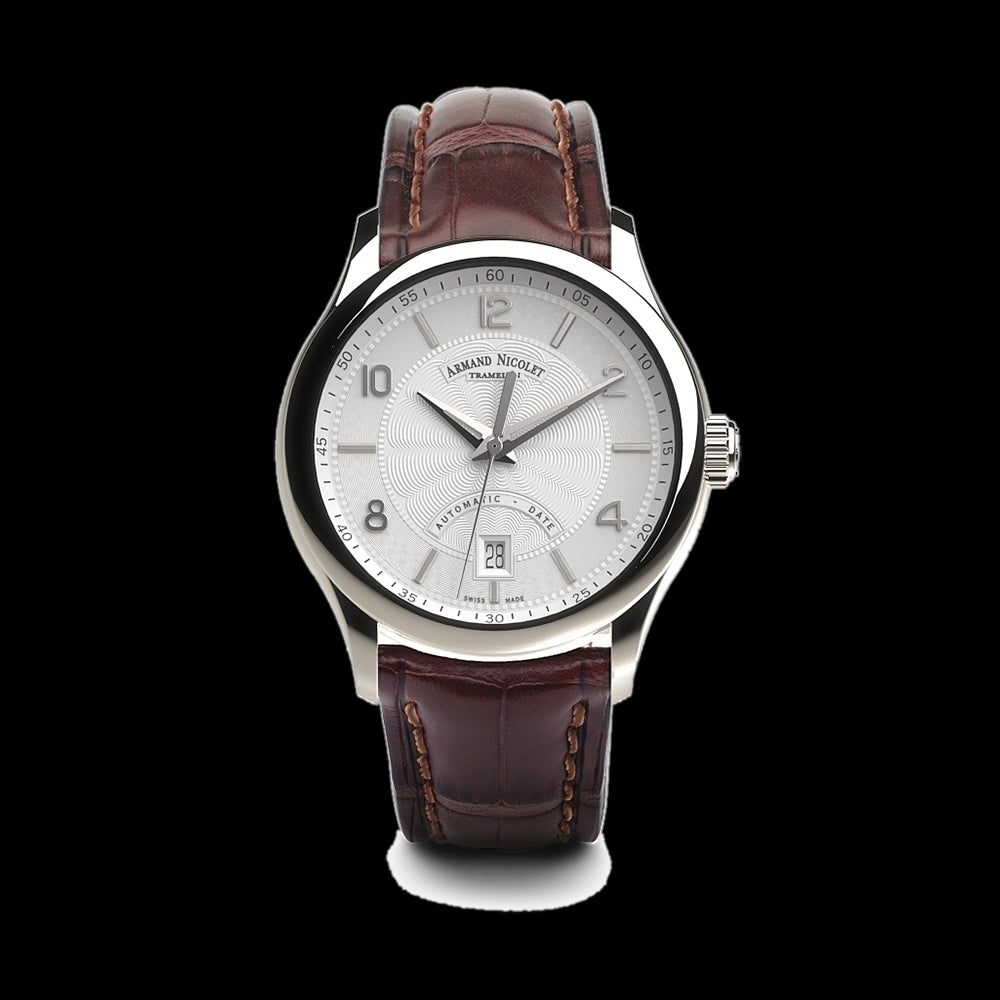 ARMAND NICOLET M02 4 MEN S AUTOMATIC BROWN STRAP SILVER DIAL WATCH