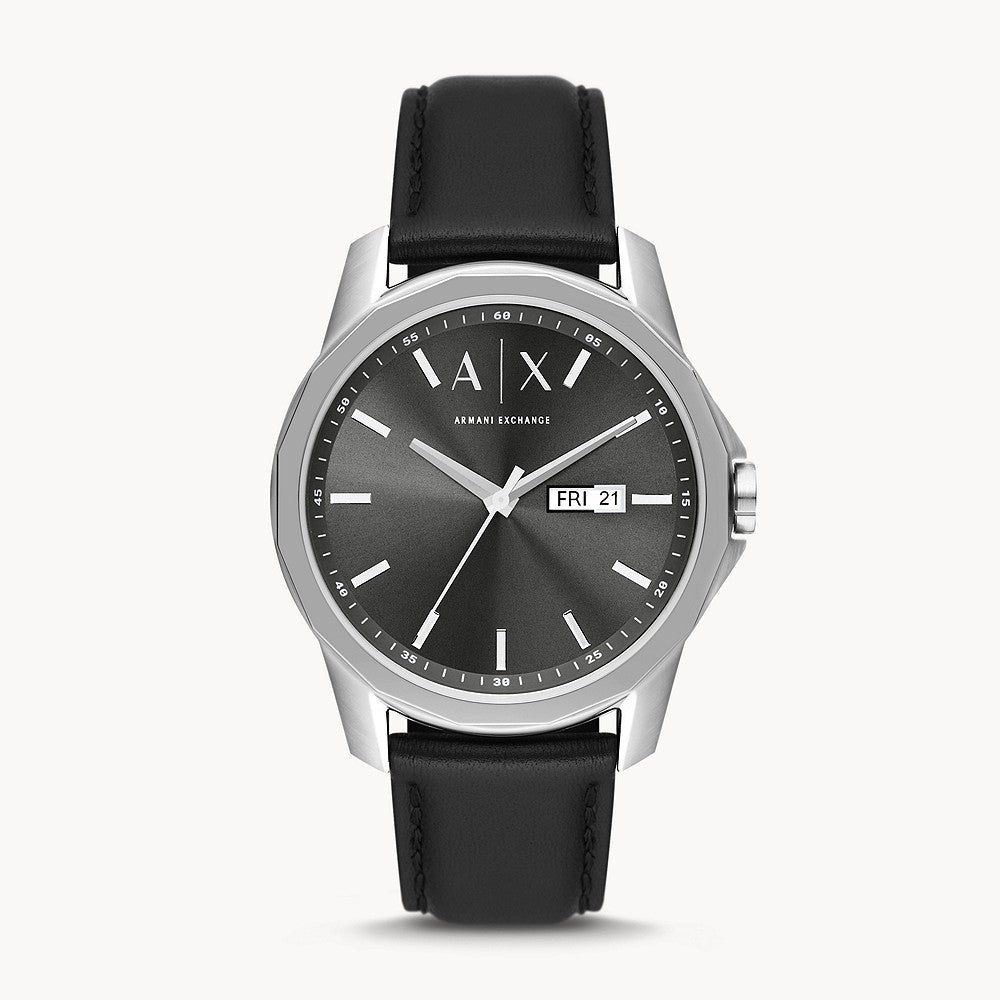 Armani Exchange Men's Three-Hand Day-Date Black Leather Watch