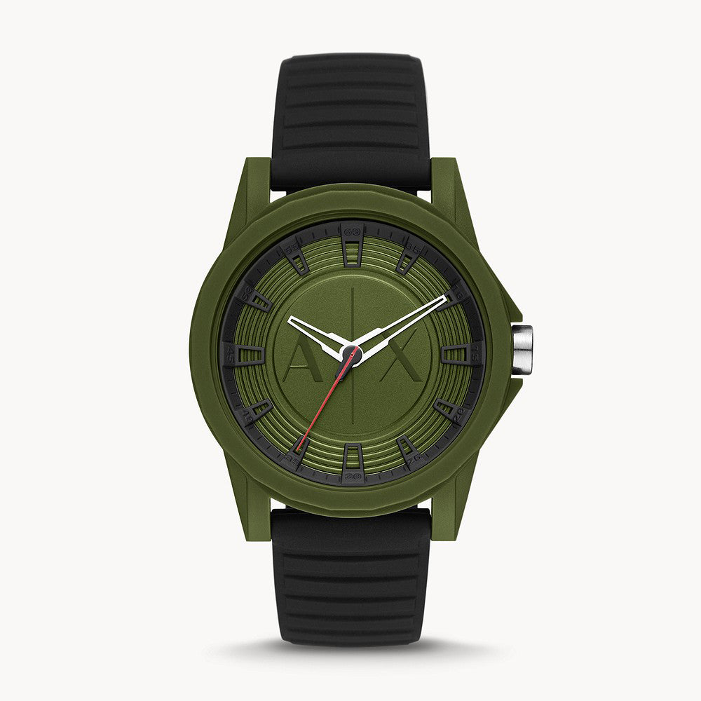 Armani Exchange Men's Three-Hand Black Silicone Green Dial Watch
