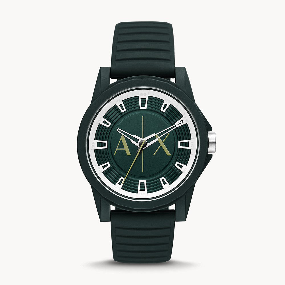 Armani Exchange Men's Three-Hand Black Silicone Green Dial Watch