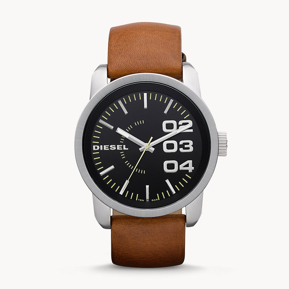 DIESEL MEN'S DOUBLE DOWN 46 THREE-HAND BROWN LEATHER WATCH