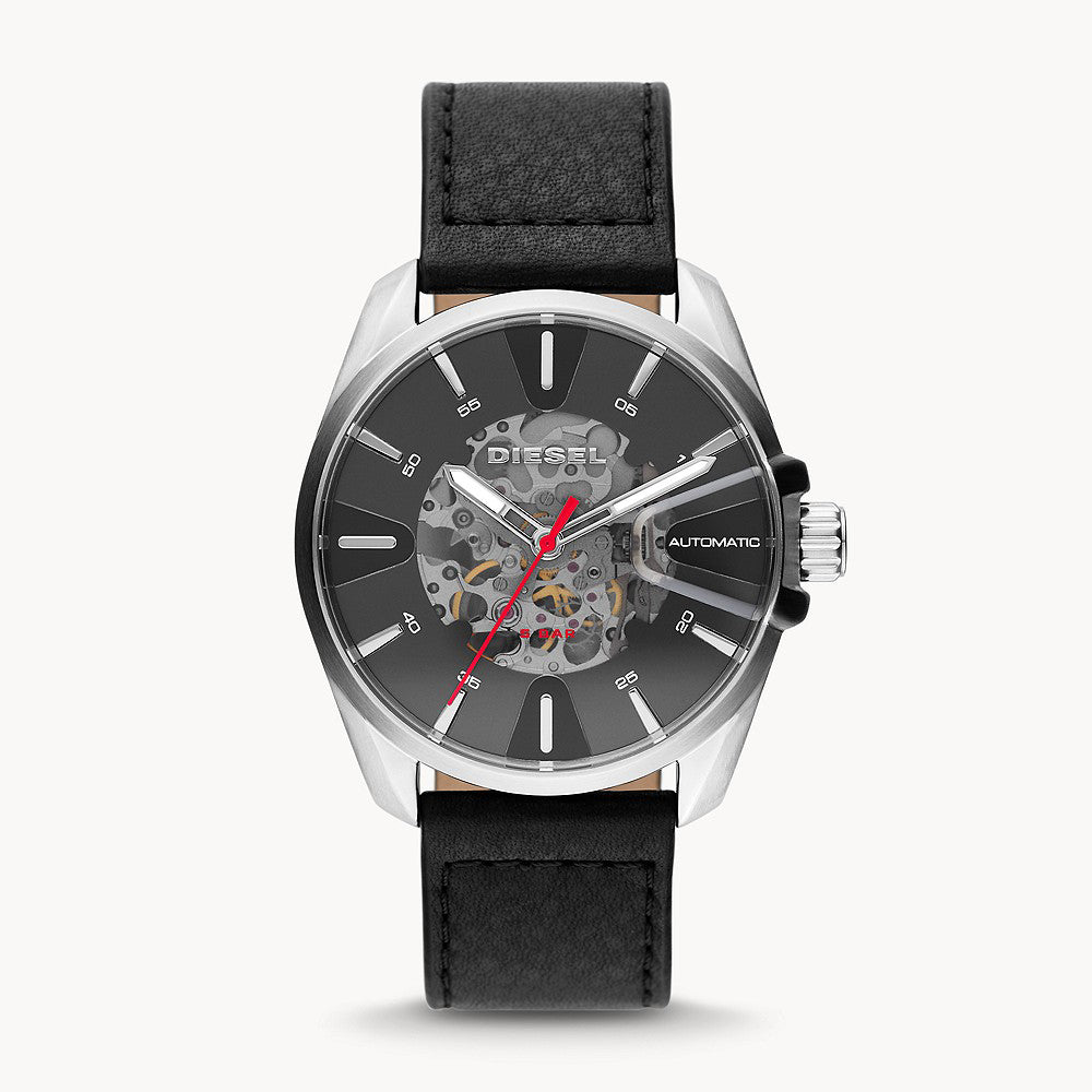 DIESEL MS9 AUTOMATIC THREE HAND BLACK LEATHER WATCH